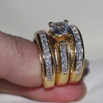 Vecalon Mados 3-in-1 Moteris žiedas Princesė iškirpti 7mm AAAAA Cirkonis cz Geltona Aukso, 925 Sterlingas Sidabro vestuvių Juostoje žiedas Rinkinys