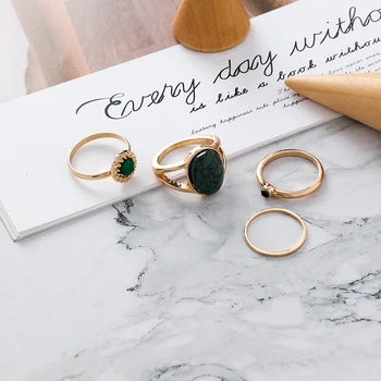 4pcs/set Boho Vintage Žalia natūralaus akmens Žiedas rinkinys Moterims gfits Bohemijos Papuošalai 2020 Moterų Mados Karka Žiedo Uodega žiedas
