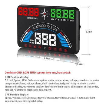 2 in 1 Hud OBD2 + GPS Head Up Display Skaitmeninis Spidometras Automobilio Greitis Projektorius, Skaitmeninis Diagnostikos Įrankis prekinis, galinis Stiklo Projekcija Huds