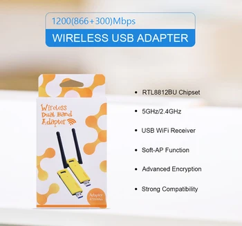 CHIPAL 5G 2.4 G 1200Mbps Belaidžio Tinklo Kortelė Išorinis USB 3.0, WiFi Adapteris LAN Wi-Fi Imtuvas Dongle 802.11 ac/n PC Kompiuteris