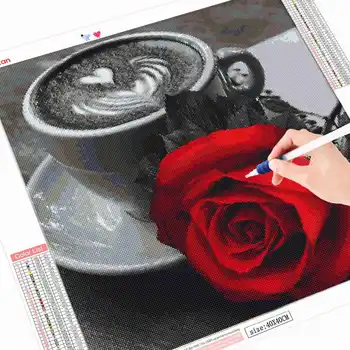 HUACAN 5d Diamond Tapybos Kryželiu Gėlių Deimantų Meno kvadratiniu Siuvinėjimas Su Kristalais Rose Kavos Namų Puošybai