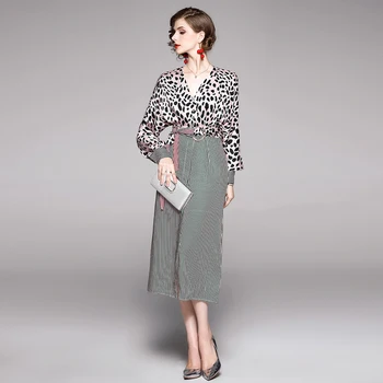 Banulin kilimo ir tūpimo Tako Mados Pavasario Dress 2020 Moterų Leopardas Spausdinti Žibintų Rankovės Blet Aukšto Juosmens Elegantiškas Atsitiktinis Atostogų Suknelės