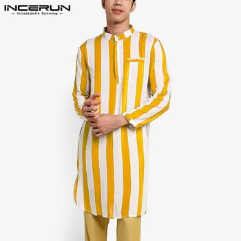 2021 Vyrų Mados Dryžuotas Kurtas Ilgai Marškinėliai ilgomis Rankovėmis Stovėti Apykaklės Musulmonų Katan Streetwear Mens Indijos Drabužius INCERUN S-5XL