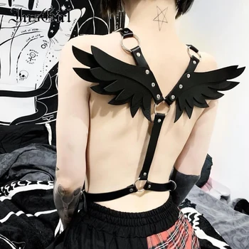 InsGirl Harajuku Mall Goth Angelas Sparnų Panaudoti Seksualus Gotikos Diržai Punk Mados Dark Black Pu Odos Keliaraištis Diržas Moterų Clubwear