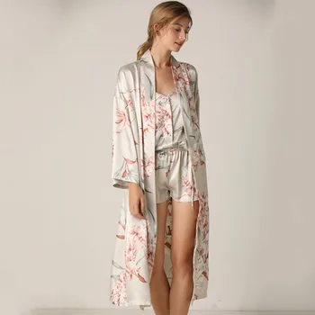 Spausdinti Gėlių 3PCS Nighty&Skraiste Kostiumas Sleepwear Seksualus Satino Suknelė Kimono Moterų Chalatas Intymus apatinis Trikotažas naktiniai drabužiai Šilkiniai Pižamą