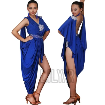 Naujas Lotynų Šokių Suknelė Konkurencijos Suknelė Šokių Sijonas Kostiumai Sijonas Atlikti Suknelė Blizgančių Cirkonio Safyro Mėlyna Rumba Dres