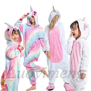 Žiemos Gyvūnų Pižama Rinkinių Suaugusiems, Vaikams, Katės Onesie Flanelė Sleepwear Kigurumi Vienaragis Panda Pižamos Kostiumas Vaikams Anime Kostiumais