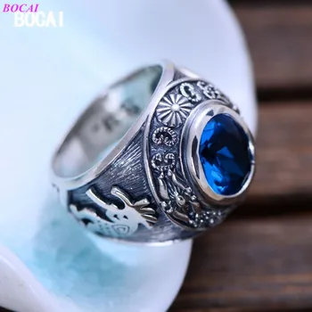 BOCAI S925 sterlingas sidabro žiedas Žmogui totem sintetinių mėlyna kristalų vyrų pobūdžio Vyro mados Tailando sidabro papuošalai žiedas