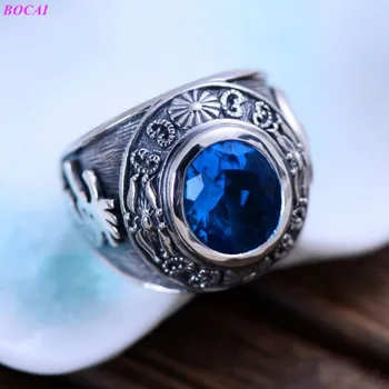 BOCAI S925 sterlingas sidabro žiedas Žmogui totem sintetinių mėlyna kristalų vyrų pobūdžio Vyro mados Tailando sidabro papuošalai žiedas