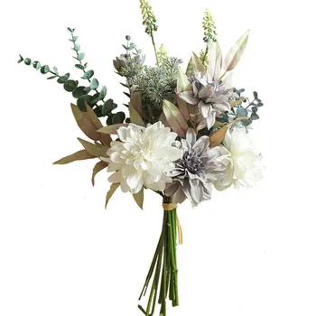 Prabanga pilka Dahlia vertus gėlės su Eukaliptų vertus žolės už namo vestuvių papuošalai dirbtinės gėlės