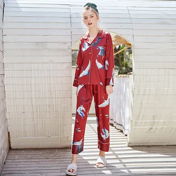 FINETOO Moterų Pižama Nustatyti ilgomis rankovėmis Kelnės Gyvūnų Spausdinti Minkštas Sleepwear Lady Pižama Šilko Imitacijos Paprasta Stiliaus Pižama