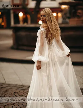 Smileve Princesė Vestuvių Suknelė Sluoksniuotos Rankovėmis Boho Nuotakos Suknelės Su 3D Gėlės Vestuvių Suknelės Nėriniai Appliques Vestido de novia
