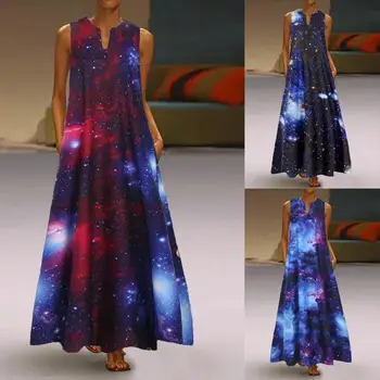 Naujas 2020 metų Vasaros Boho Ilga Suknelė 5XL Moterų 3D Žvaigždėtas Dangus Suknelė Atsitiktinis Rankovių Kišenę Laisvus Plius Dydis Maxi Suknelė Streetwear 4XL