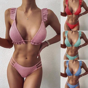 Vientisos spalvos susiėmę Bikini Nustatyti maudymosi Kostiumėliai Moterims, Aukštos Sumažinti Plaukimo Maudymosi Kostiumą Biquini Nustatyti Seksualus maudymosi kostiumėlį, Blizgučiai Brazilijos Bikini