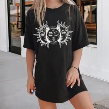 2020 Mados Negabaritinių marškinėliai Moterims Harajuku Vasaros trumpomis Rankovėmis Marškinėlius Sun Moon Atspausdinta Marškinėliai moteriški Retro 90-ųjų Topai