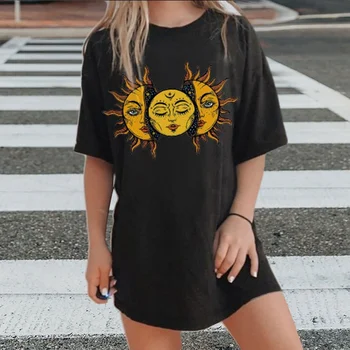 2020 Mados Negabaritinių marškinėliai Moterims Harajuku Vasaros trumpomis Rankovėmis Marškinėlius Sun Moon Atspausdinta Marškinėliai moteriški Retro 90-ųjų Topai