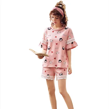 Trumpas Rankovės Pižama Moterų Vasaros Pižama Rinkiniai Femme Nighty Atsitiktinis Homewear Loungewear Medvilnės Sleepwear Animacinių filmų Pijama Pižamos