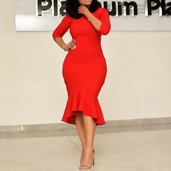 Elegantiška Raudona Suknelė Moterų 2020 M. Raukiniai Vidurio Blauzdos Bodycon Mermaid Dress Skraiste Afrikos Office Lady Šalies Vestiods Afrikos Drabužiai