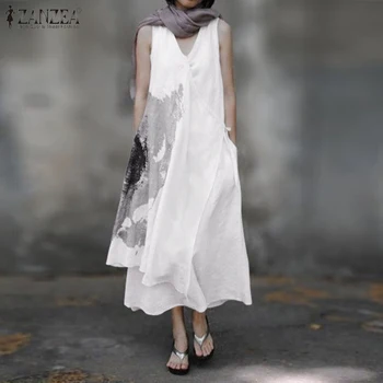 Bohemijos Printed Dress Moterų Vasaros Sundress ZANZEA 2021 Atsitiktinis Nėrinių Maxi Vestidos Moterų Medvilnės Sarafans Drabužius, Plius Dydis