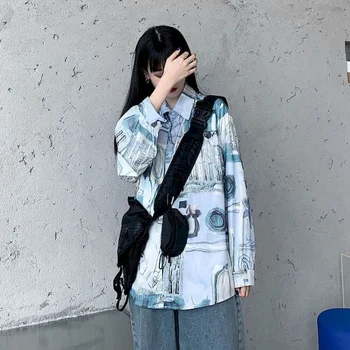 Druska Marškinėliai Moterims Palaidinė Ins Dizaino Nišą Puošmena Ne Dėvėti Laisvus Banga Spalvos Retro Honkongo stiliaus ilgomis rankovėmis Marškinėliai, korėjiečių
