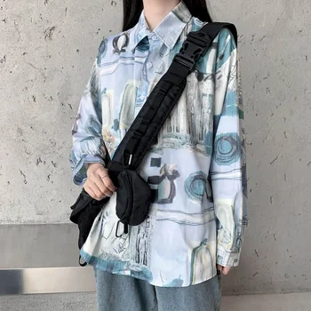 Druska Marškinėliai Moterims Palaidinė Ins Dizaino Nišą Puošmena Ne Dėvėti Laisvus Banga Spalvos Retro Honkongo stiliaus ilgomis rankovėmis Marškinėliai, korėjiečių