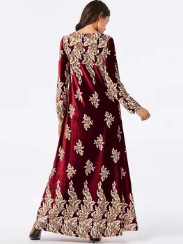 Elegantiškas Aksomo Musulmonų Suknelė Moterims Big Swing-line Maxi Suknelė Kimono Jubah Ilgas Apdaras Spausdinti Abaja Suknelės Islamo Drabužių Elbise