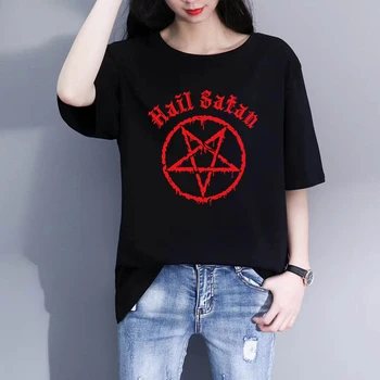Sveika, Šėtonas Su Raudona Pentaclered Grafinis Marškinėlius Harajuku Korėjos Stiliaus Viršaus Tees T Marškinėliai Moterims Ullzang Juokingi Marškinėliai