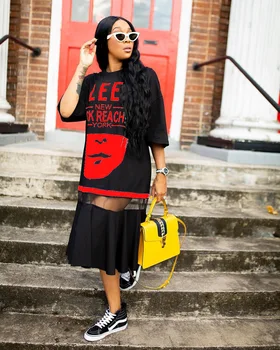 Afrikos Hip-Hop T-shirt, Suknelė Moterims Harajuku Roko Ilgą Tee Naujos Pusė Rankovės Prarasti Viršūnes Šokių Spalvos Blokas Streetwear Afrika