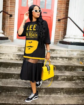 Afrikos Hip-Hop T-shirt, Suknelė Moterims Harajuku Roko Ilgą Tee Naujos Pusė Rankovės Prarasti Viršūnes Šokių Spalvos Blokas Streetwear Afrika
