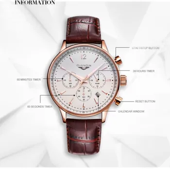 Originalus prekių GUANQIN Laikrodžiai Vyrams Prabanga Sporto Laikrodžiai Vyrų Mados laikrodis Chronografas atsparumas vandeniui Vyrų odos Kvarco žiūrėti