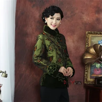Nuolaida Žiemos Green Kinijos vidutinio amžiaus Moterų Šilko Satino Wadded Striukė Siuvinėjimo Tango Kostiumą, Viršutiniai M L XL XXL, 3XL 4XL