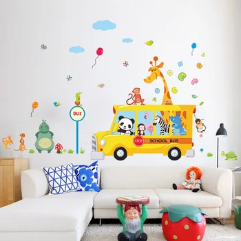 Panda žirafa gyvūnų mokyklos autobusas automobilio namų sienos lipdukas lipdukas, vaikų kambarys vaikui kūdikio miegamojo, vaikų darželio darželio sienų dekoras
