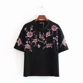 Naujas Moterų mados gėlių siuvinėjimas atsitiktinis mezgimo black T-shirt Vasarą, o kaklo trumpomis rankovėmis chic viršūnes moterų basic marškinėliai T213