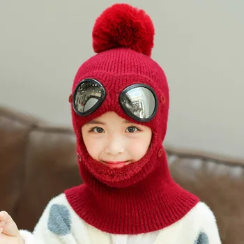 Žiemos Megzta kepurė Mergaitėms Šiltas Beanies Skullies Slidinėjimo Dangtelis su Nuimamu Akiniai vaikams, Lauko Sporto Bžūp
