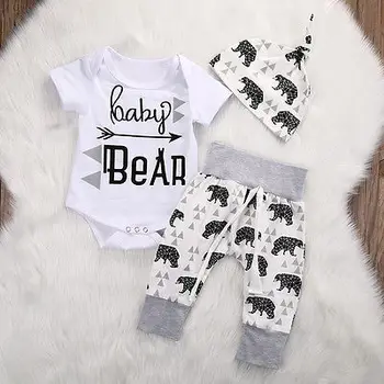3pcs Komplektus Nustatyti Cute Kūdikių Mergaičių Berniukas Baby Bear Viršūnes Romper Jumpsuit Kelnes, Skrybėlę drabužių rinkinys