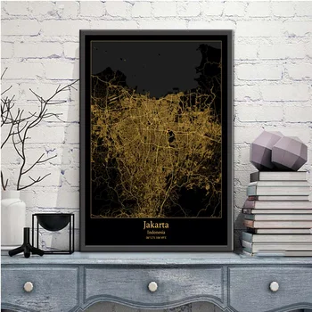 Jakarta Indonesia Black&Gold Miesto Šviesos Žemėlapiai Užsakymą Pasaulio Miesto Žemėlapį, Plakatai, Drobė Spausdina Šiaurės Stiliaus Sienos Menas Namų Dekoro