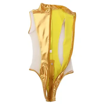 Moterų Blizga maudymosi kostiumėlį vientisi maudymosi Kostiumėliai, Atvira Tarpkojo Aukštos Cut Vien Bodysuit Thong maudymosi kostiumėlį, Blizga Oda Moterų Plaukimo Kostiumas