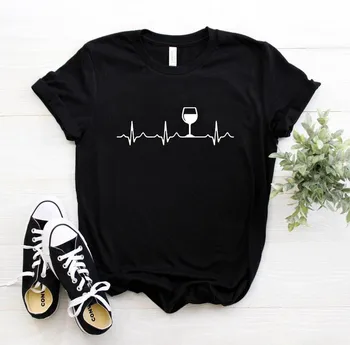 Vyno Širdies Atspausdintas Trumpas Rankovės Medvilnės Marškinėliai Moterims, O-kaklo Juokingi Marškinėliai Moterims Black & White Atsitiktinis Marškinėliai, Femme