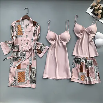 Fiklyc apatiniai keturių vienetų moterų sexy spausdinti graži pižama rinkiniai su kamšalu krūtinės elegantiškas femme pijamas mujer sleepwear