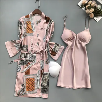 Fiklyc apatiniai keturių vienetų moterų sexy spausdinti graži pižama rinkiniai su kamšalu krūtinės elegantiškas femme pijamas mujer sleepwear
