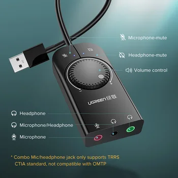 Ugreen Garso Korta USB Garso Sąsaja yra Išorės 3.5 mm Mikrofoną, Audio Adapteris, garso plokštė Nešiojamas PS4 laisvų Rankų įranga, USB Garso plokštė
