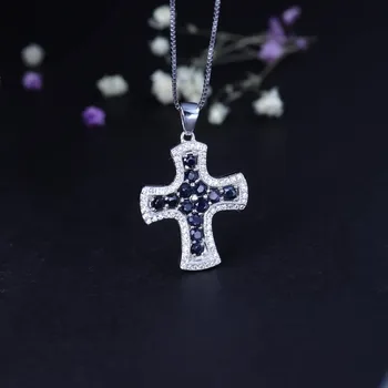 Gem Baleto 925 Sterlingas Sidabro Kryžius Pakabukas Gamtos Mėlynas Safyras Karoliai Moterų Fine Jewelry Collares