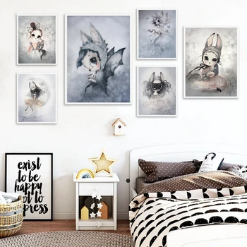 Modernus Rabbit Mergina Angelas Animacinių Filmų Plakatų Piešimo Drobė Nuotrauką, Vaikų Kambario, Kūdikių Šiaurės Paveikslų Sienos Menas, Grafiti, Apdaila