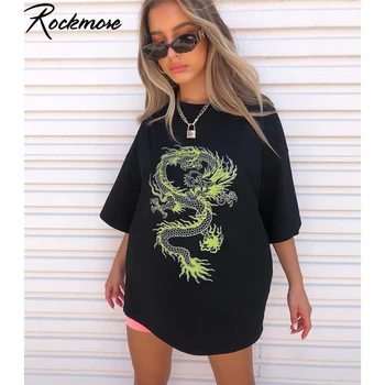 Rockmore Dragon Print T-Shirt Moterų Plius Dydis-Trumpomis Rankovėmis Atsitiktinis Streetwear Negabaritinių Ilgai Marškinėliai Basic Tshirts Ponios Vasaros