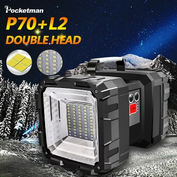 Super šviesus L2 / P70 dvigubo galvos žibintuvėlis nešiojamų lauko prožektorius, avarinis šviesos darbo lemputė USB įkrovimo