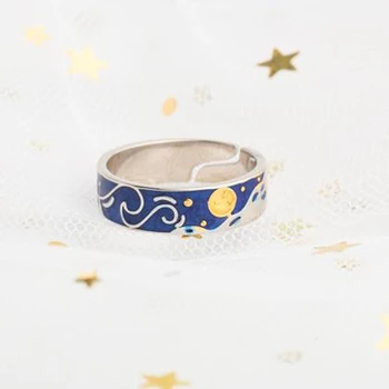 Van Gogho Emalio pora žiedai, Dangus, Žvaigždės, mėnulis ir saulė S925 sidabro Blizgučiai Žiedai Moterų Sužadėtuvių Žiedas, Vestuvių Papuošalai vyrams