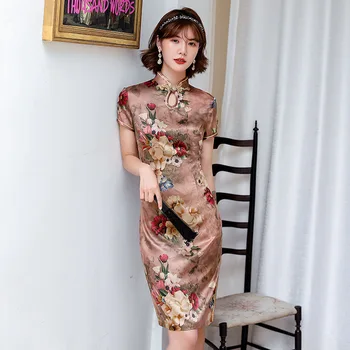 2020 metų Vasaros Rudens Cheongsam Suknelė Vintage Plius Dydis Kinijos Tradicinės Suknelės Gėlių Slim Suknelė Qipao Kelio ilgis Cheongsam