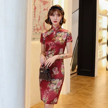 2020 metų Vasaros Rudens Cheongsam Suknelė Vintage Plius Dydis Kinijos Tradicinės Suknelės Gėlių Slim Suknelė Qipao Kelio ilgis Cheongsam