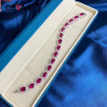 OEVAS 925 Sterlingas Sidabro Prabanga Ovalo Ruby Putojantis didelių Anglies, Deimantų Bracelrts Moterų Vestuves Fine Jewelry