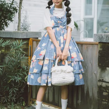 Viktorijos Derliaus Saldus Lolita Jsk Suknelė Moterims Japonijos Harajuku Rankovių Medus, Citrina Spausdinti Princesė Šalis Suknelės Mergaičių Suknelė